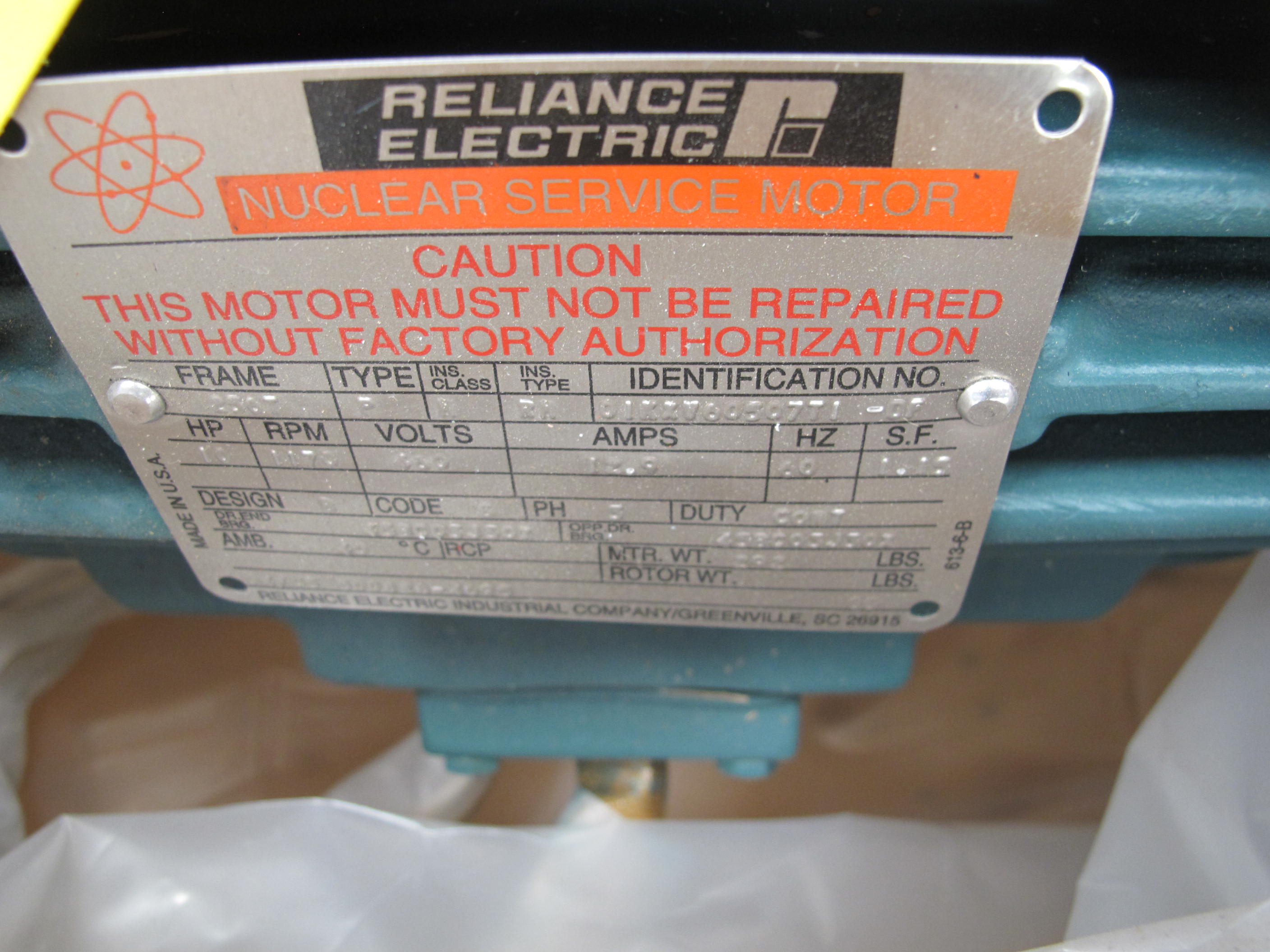 MOTOR, ELECTRIC TYPE, 10 HORSEPOWER, 460VAC 3 PHASE 60HZ ELEC RATING, 1200 RPM, 256T FRAME, TEFC ENCLOSURE, CONTINUOUS DUTY. PART # 3YF882327 (W-44) LOADING & HANDLING FEE $15-